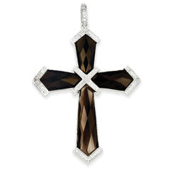 14k White Gold Diamond & Smoky Quartz Cross Pendant