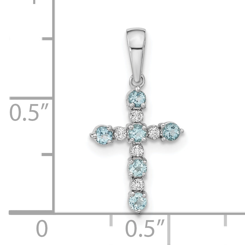 14k White Gold Blue Topaz and Diamond Cross Pendant