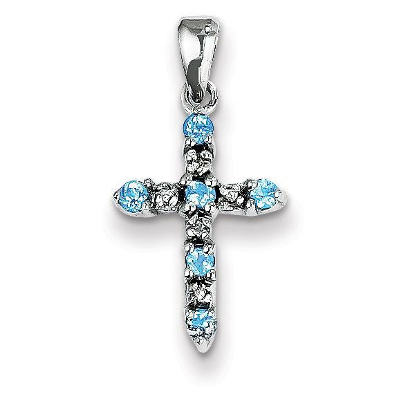 14K White Gold Blue Topaz & Diamond Cross Pendant