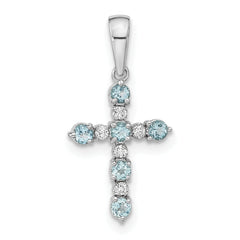 14k White Gold Blue Topaz and Diamond Cross Pendant