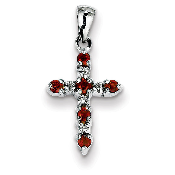 14K White Gold Garnet & Diamond Cross Pendant