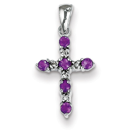 14K White Gold Amethyst & Diamond Cross Pendant