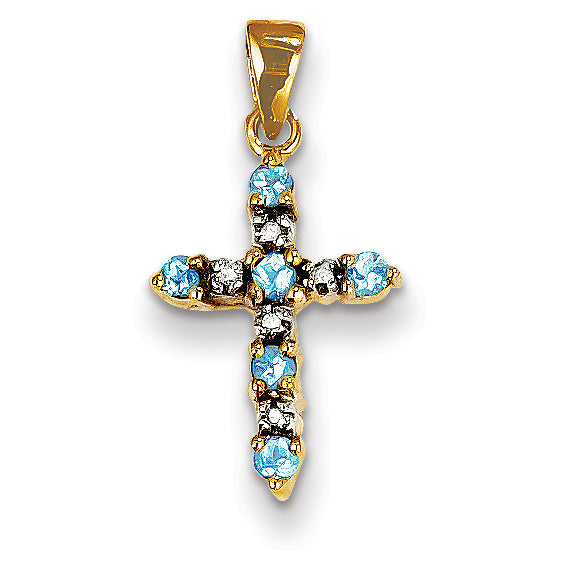 14K Blue Topaz & Diamond Cross Pendant