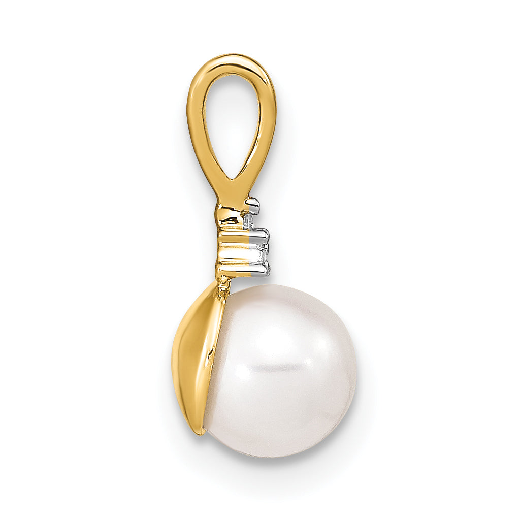 14K 6-7mm White Round FW Cultured Pearl and Diamond Pendant