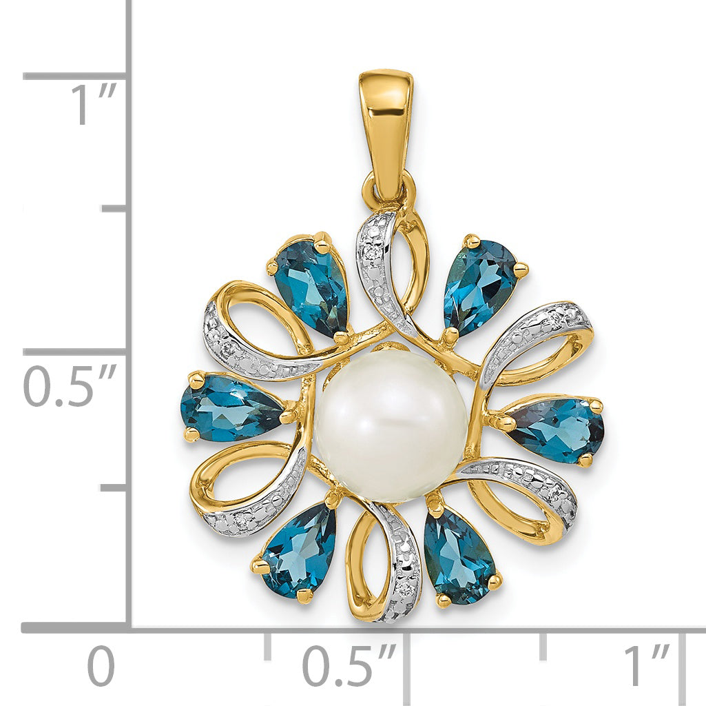 14K Diamond and 6-7mm Button FWC Pearl/London Blue Topaz Pendant