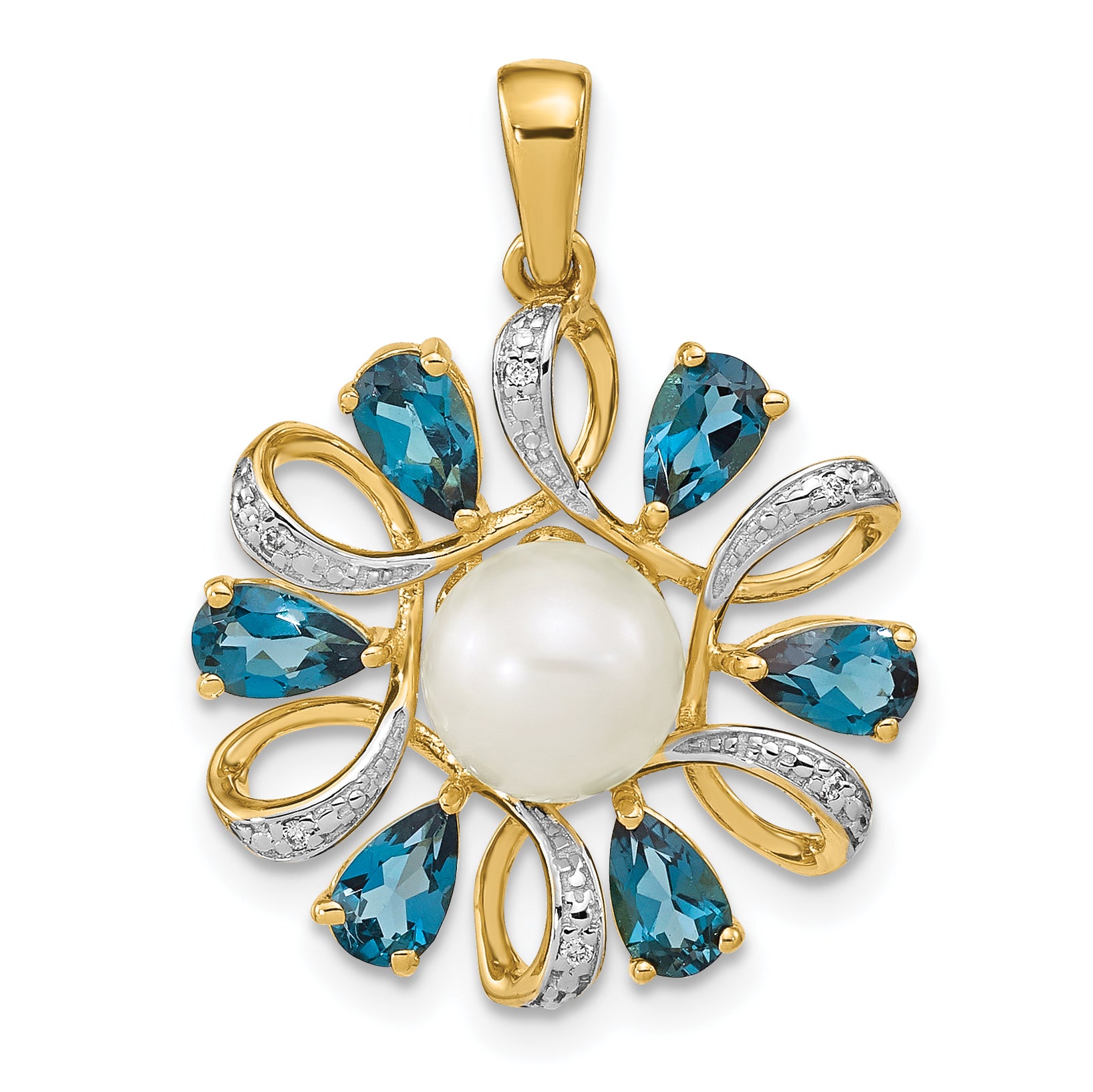 14k Diamond and 6-7mm Button FWC Pearl/London Blue Topaz Pendant