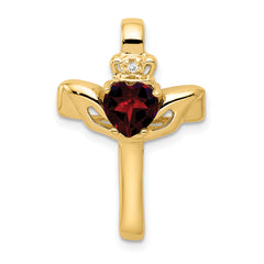 14K Garnet & AA Diamond Claddagh Cross Pendant