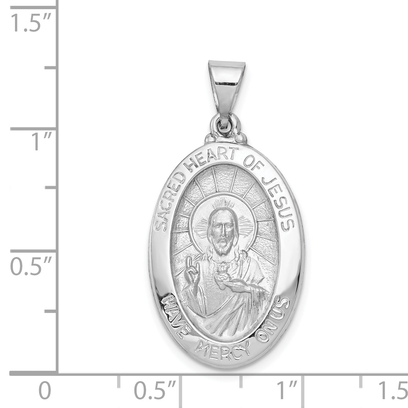 14K White Gold Polish/Satin Sacred Heart Jesus Hollow Pendant