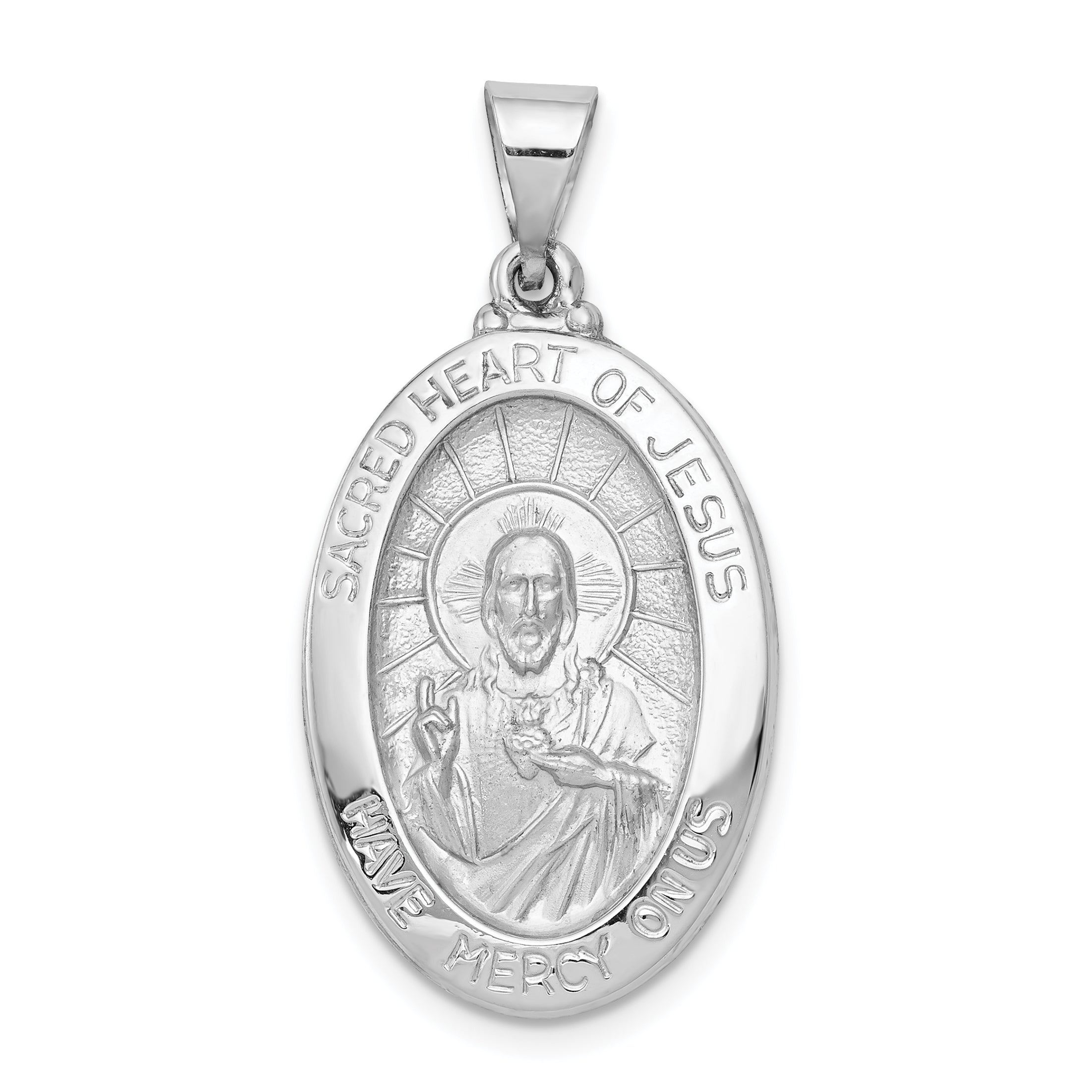 14K White Gold Polish/Satin Sacred Heart Jesus Hollow Pendant