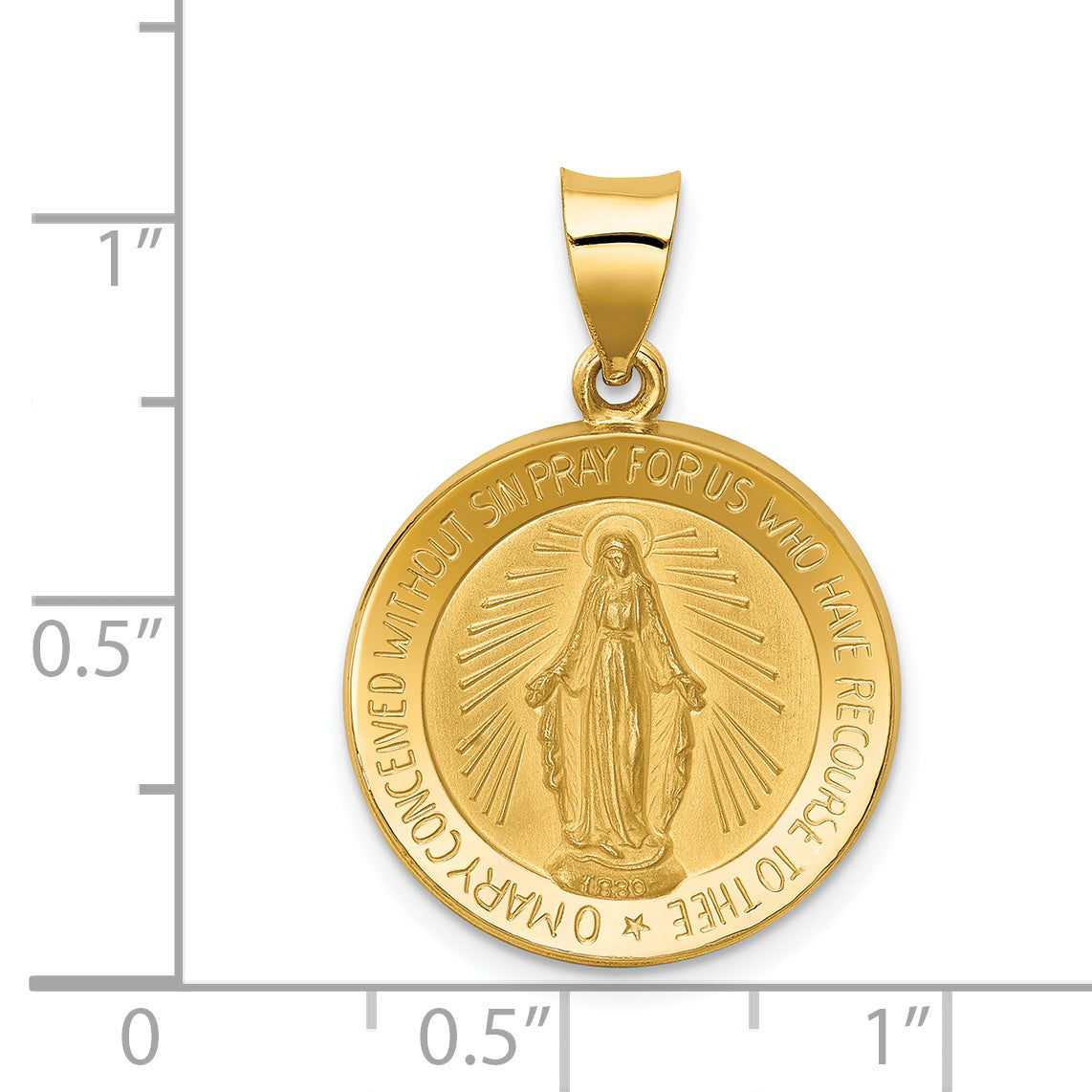 14K Polished and Satin Miraculous Medal Hollow Pendant