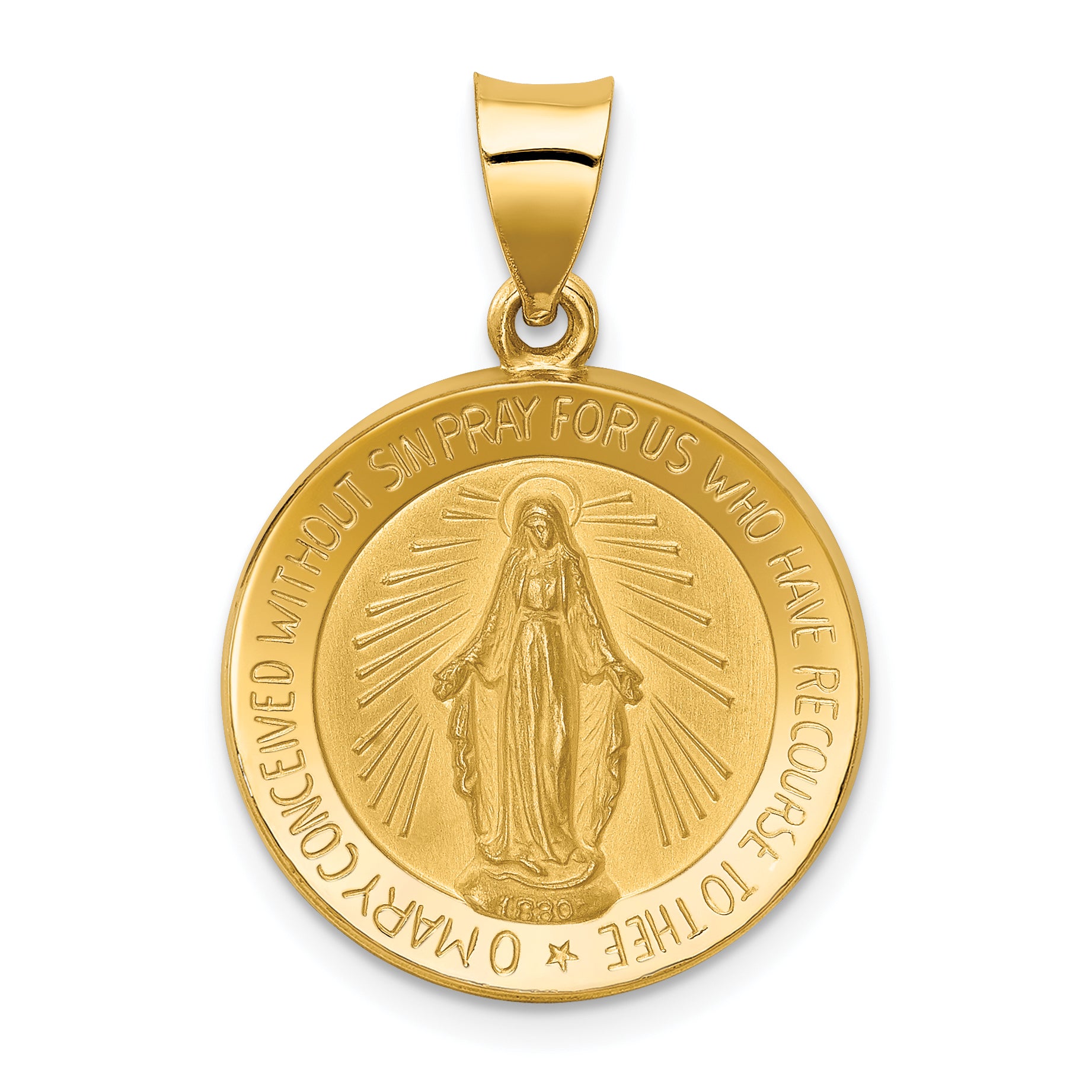 14k Polished and Satin Miraculous Medal Hollow Pendant