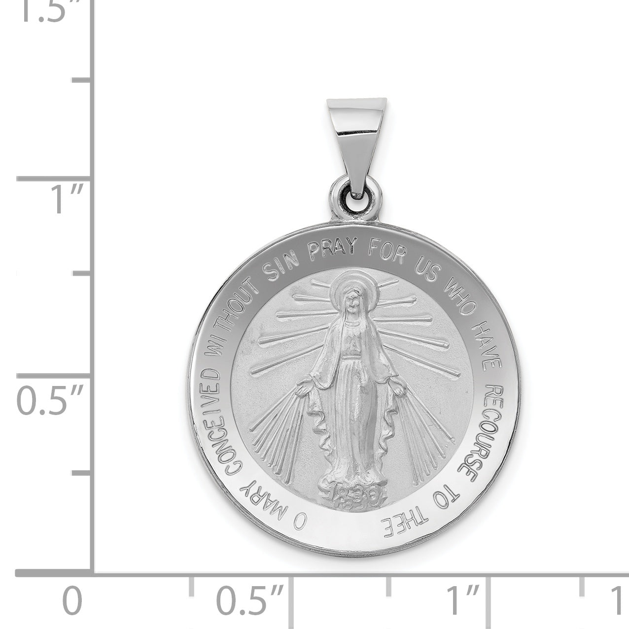 14K White Gold Polished / Satin Miraculous Medal Hollow Pendant