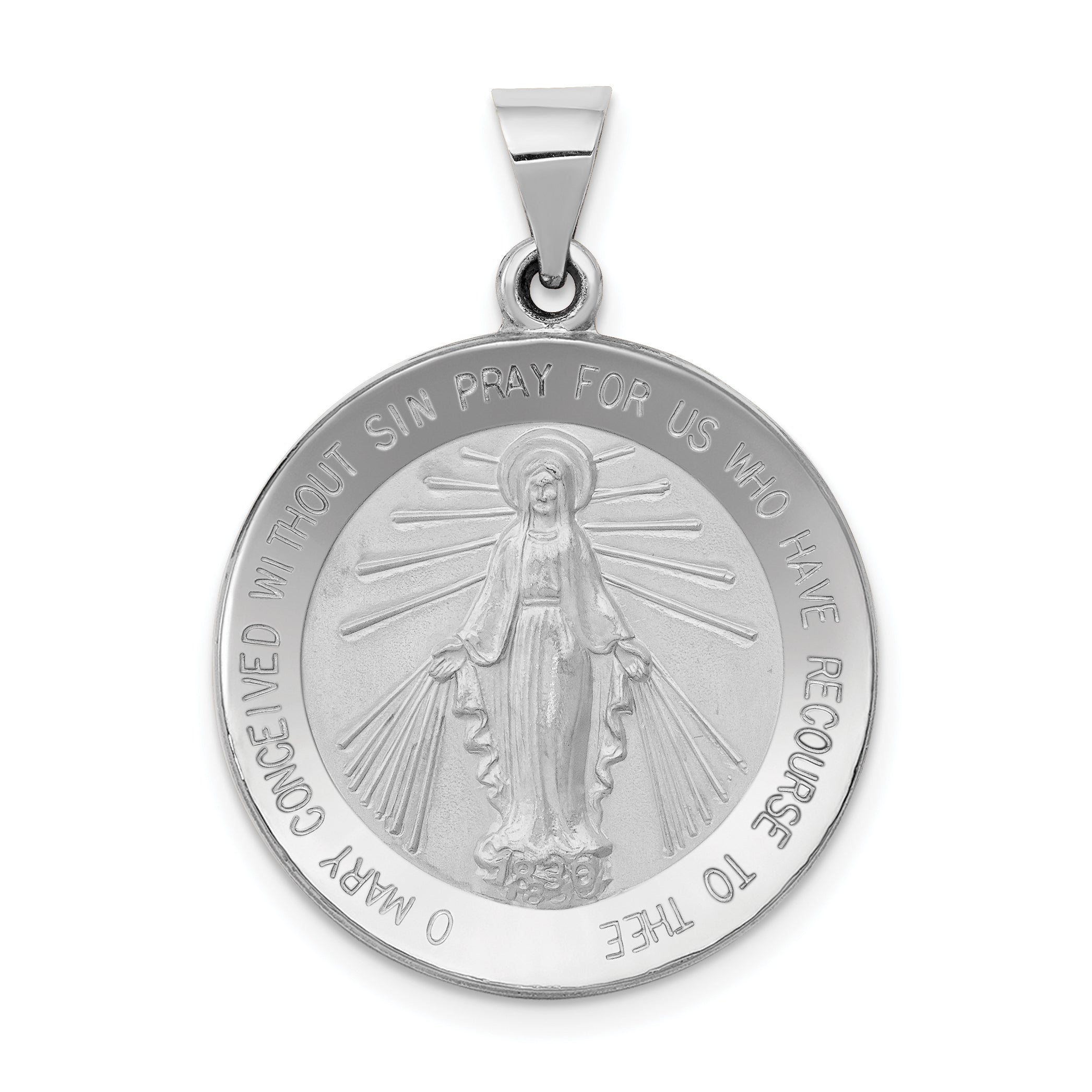 14k White Gold Polished / Satin Miraculous Medal Hollow Pendant