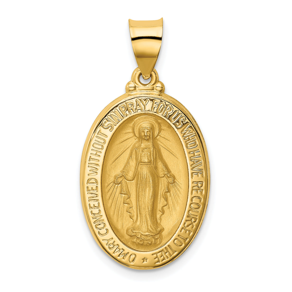 14k Polished and Satin Miraculous Medal Hollow Pendant