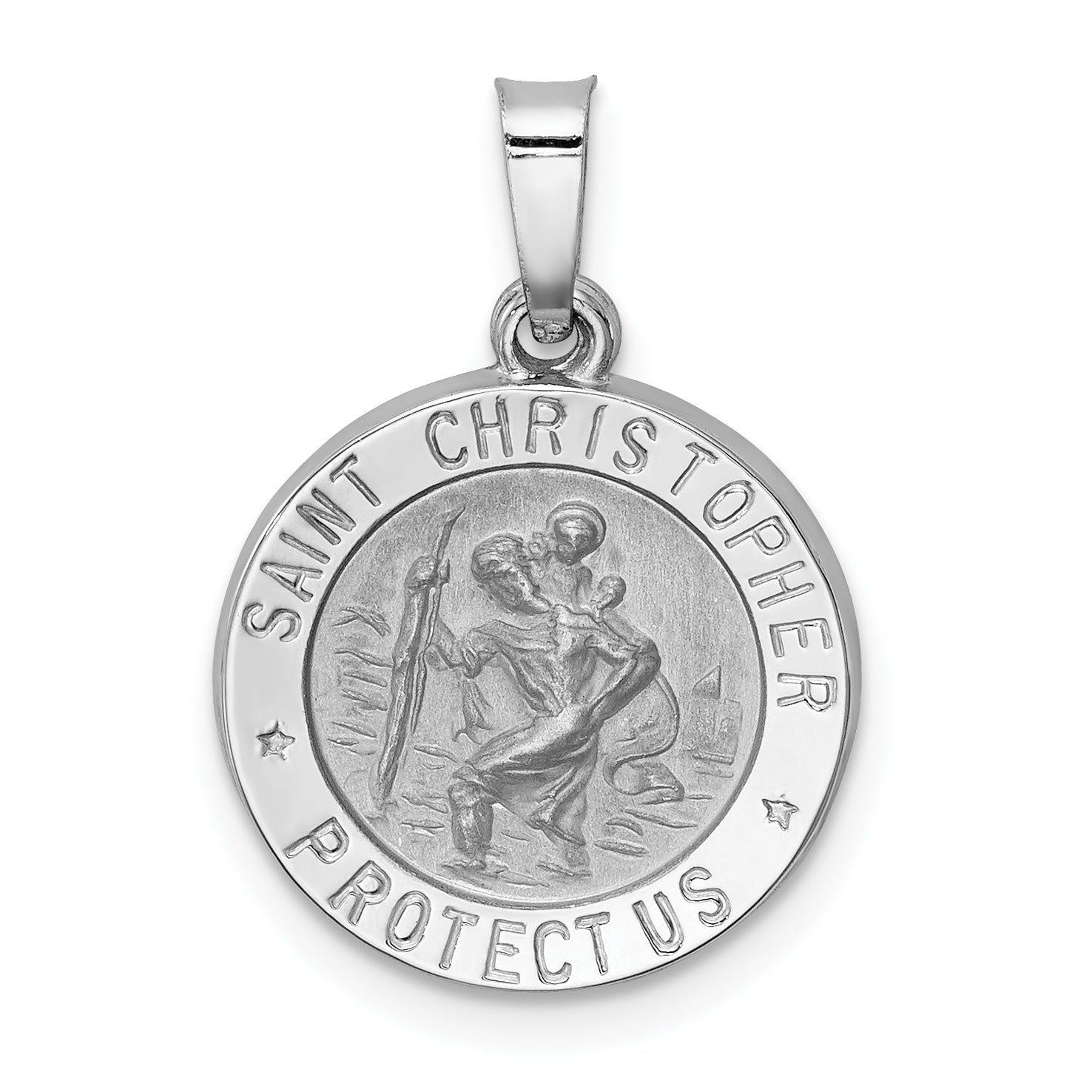 14k White Gold Polished/Satin St Christopher Medal Hollow Pendant