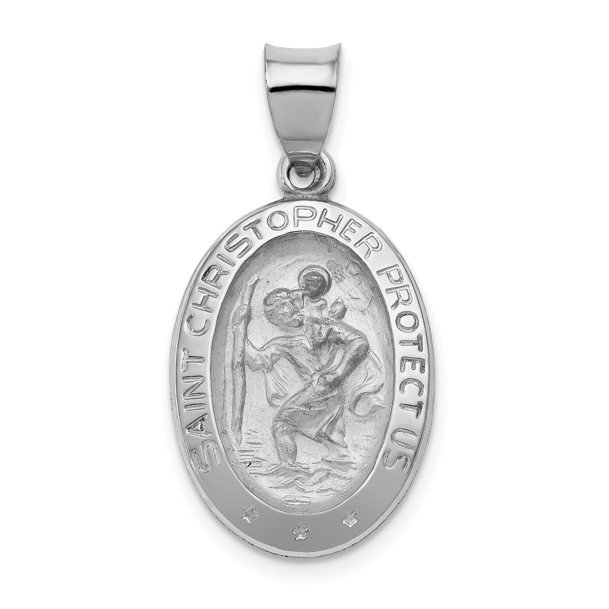 14k White Gold Polished/Satin St Christopher Medal Hollow Pendant