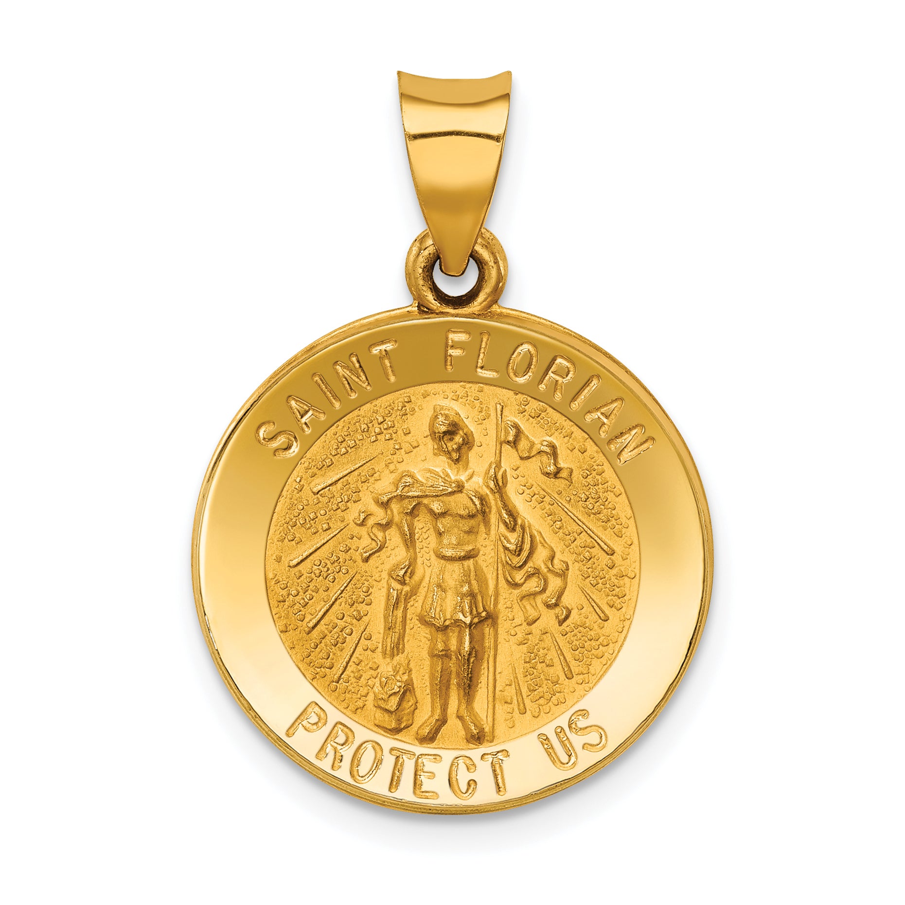 14k Polished and Satin St Florian Medal Hollow Pendant