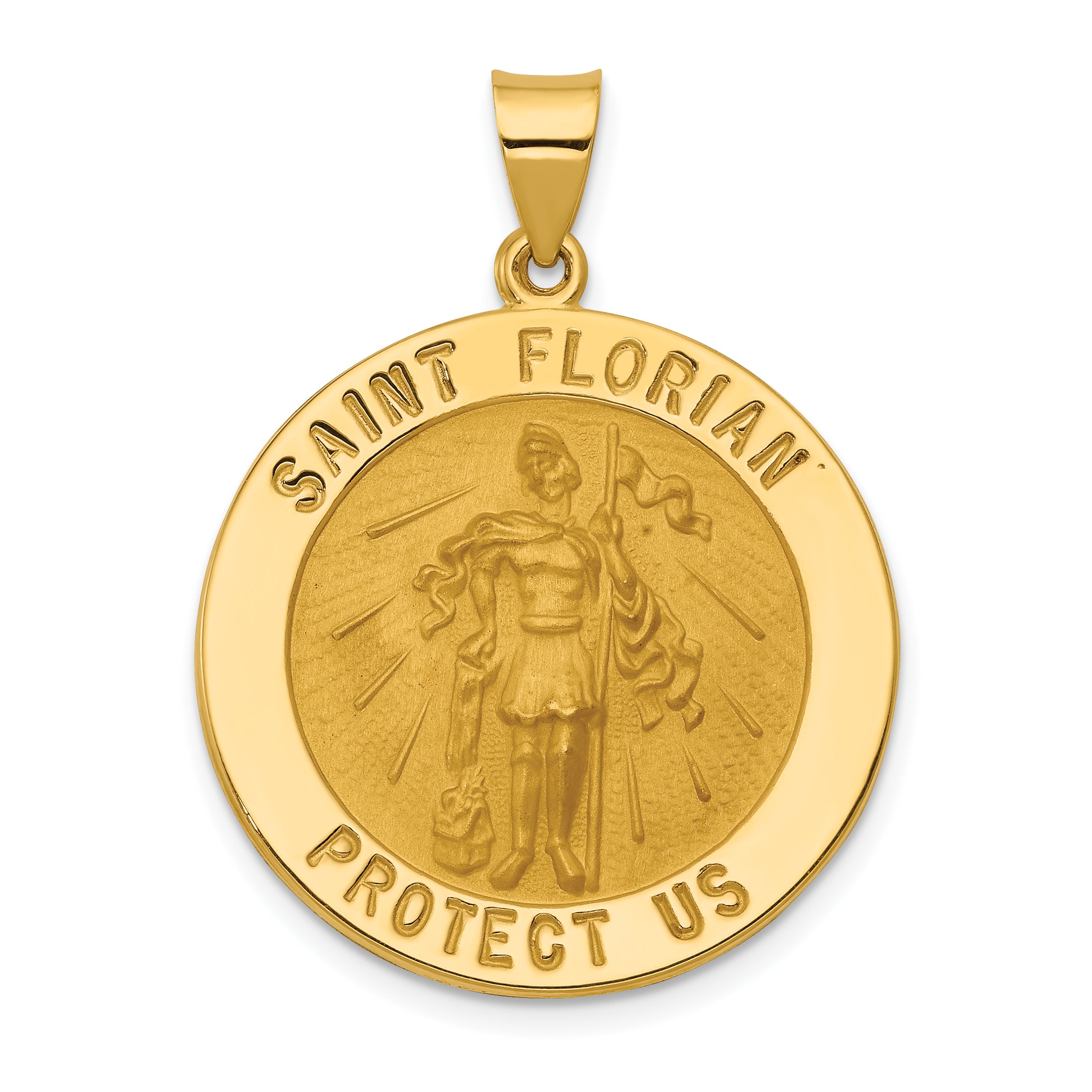 14k Polished and Satin St Florian Medal Hollow Pendant