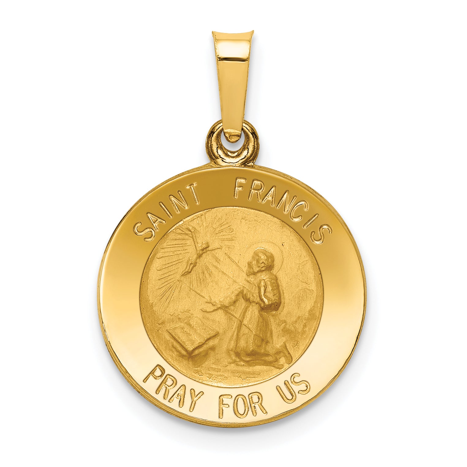 14k Polished and Satin St Francis Medal Hollow Pendant