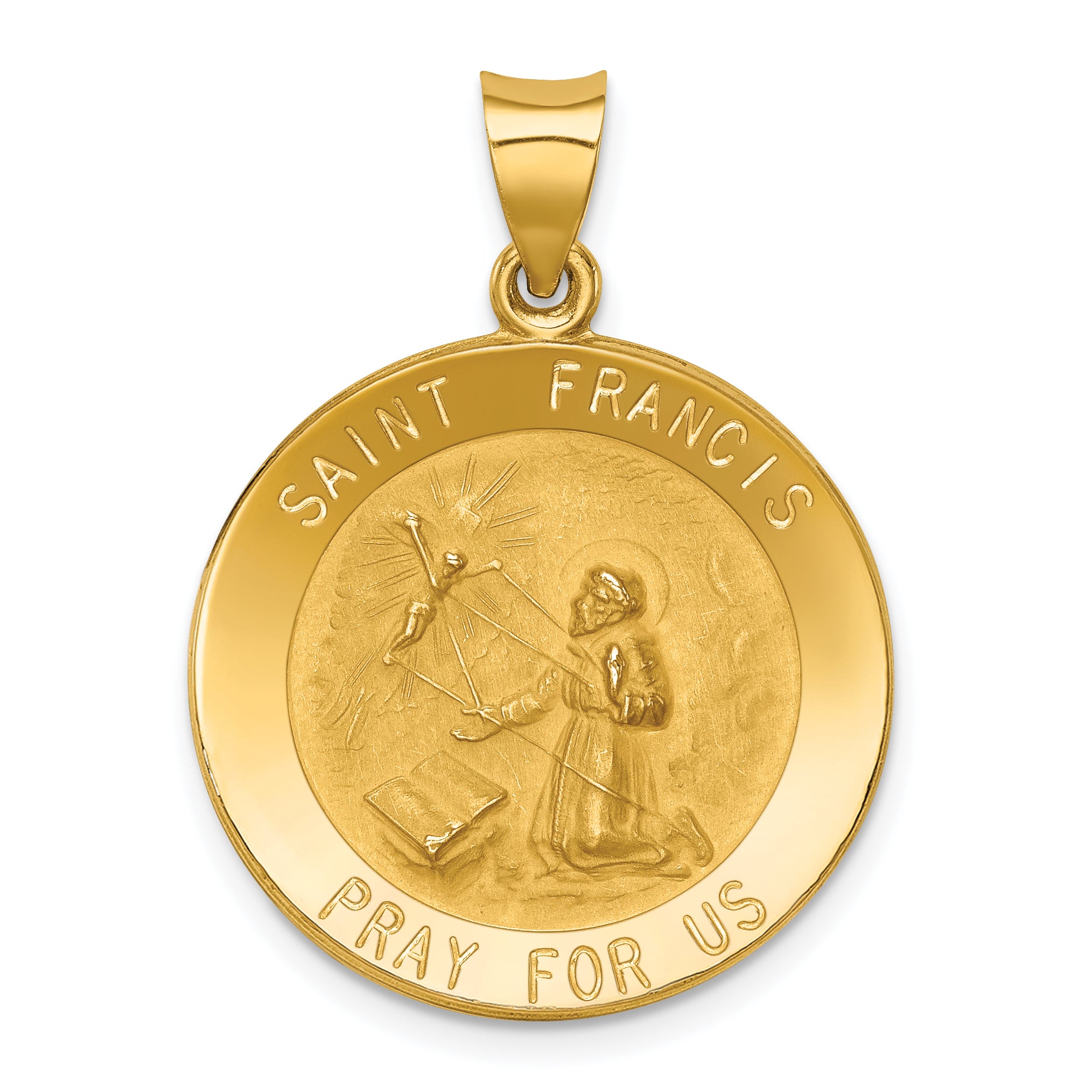 14k Polished and Satin St Francis Medal Hollow Pendant