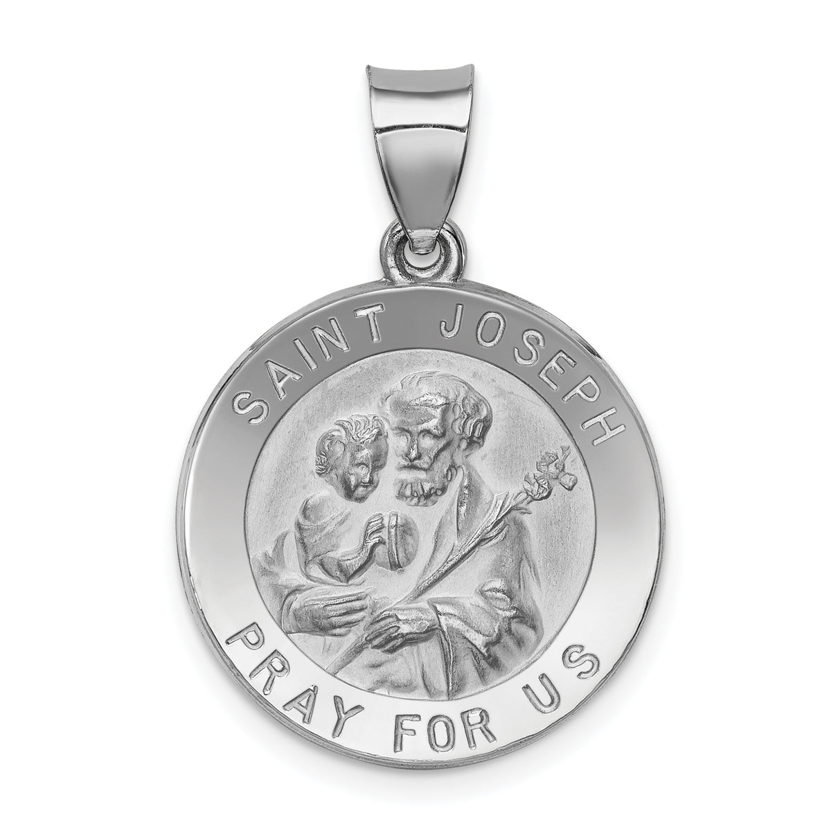 14k White Gold Polished and Satin St Joseph Medal Hollow Pendant