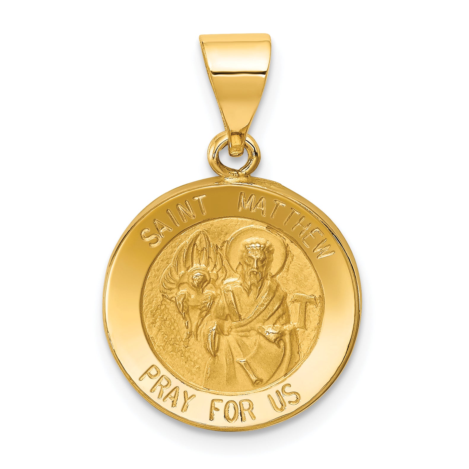 14k Polished and Satin St Matthew Medal Hollow Pendant