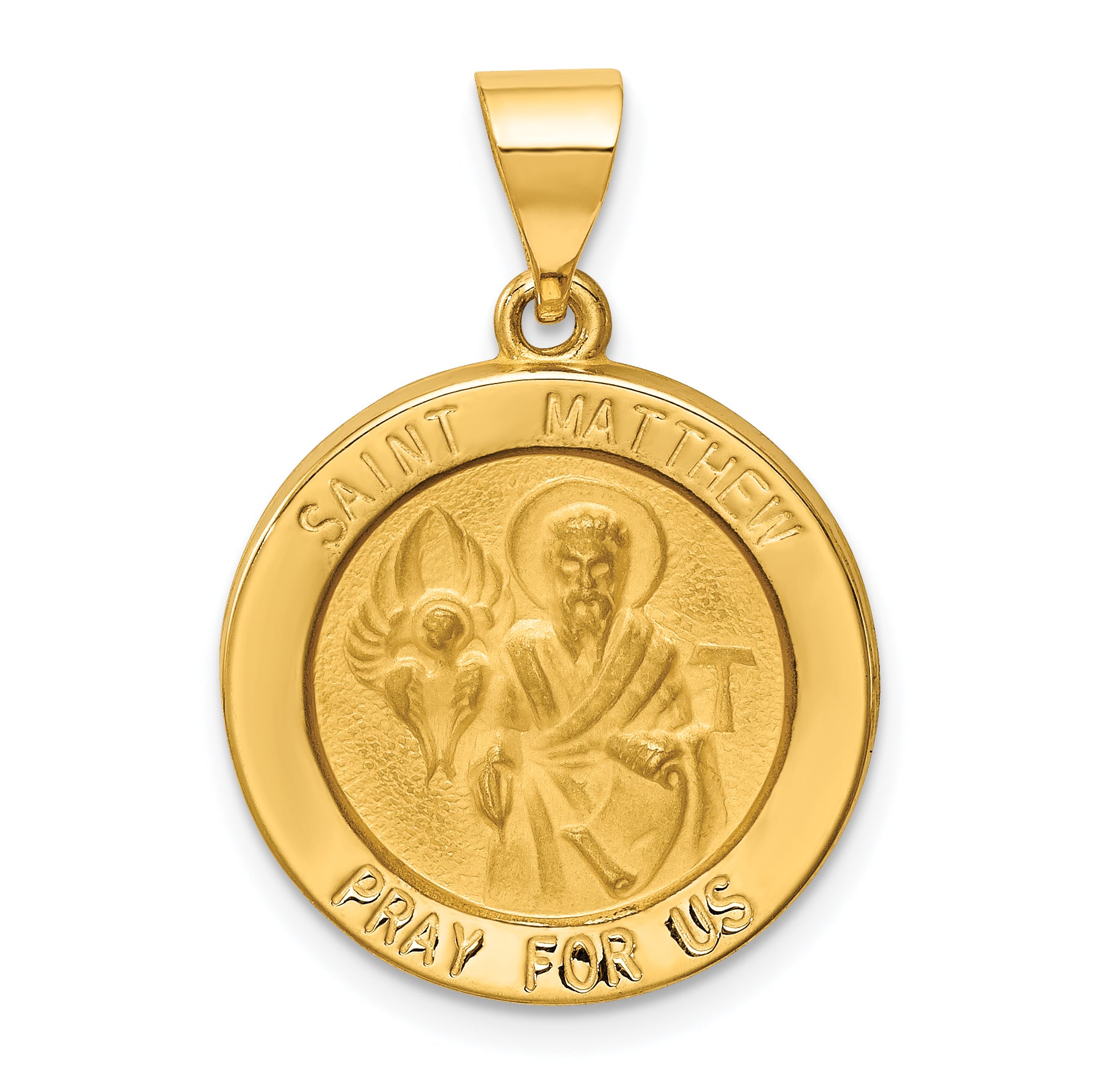 14k Polished and Satin St Matthew Medal Hollow Pendant