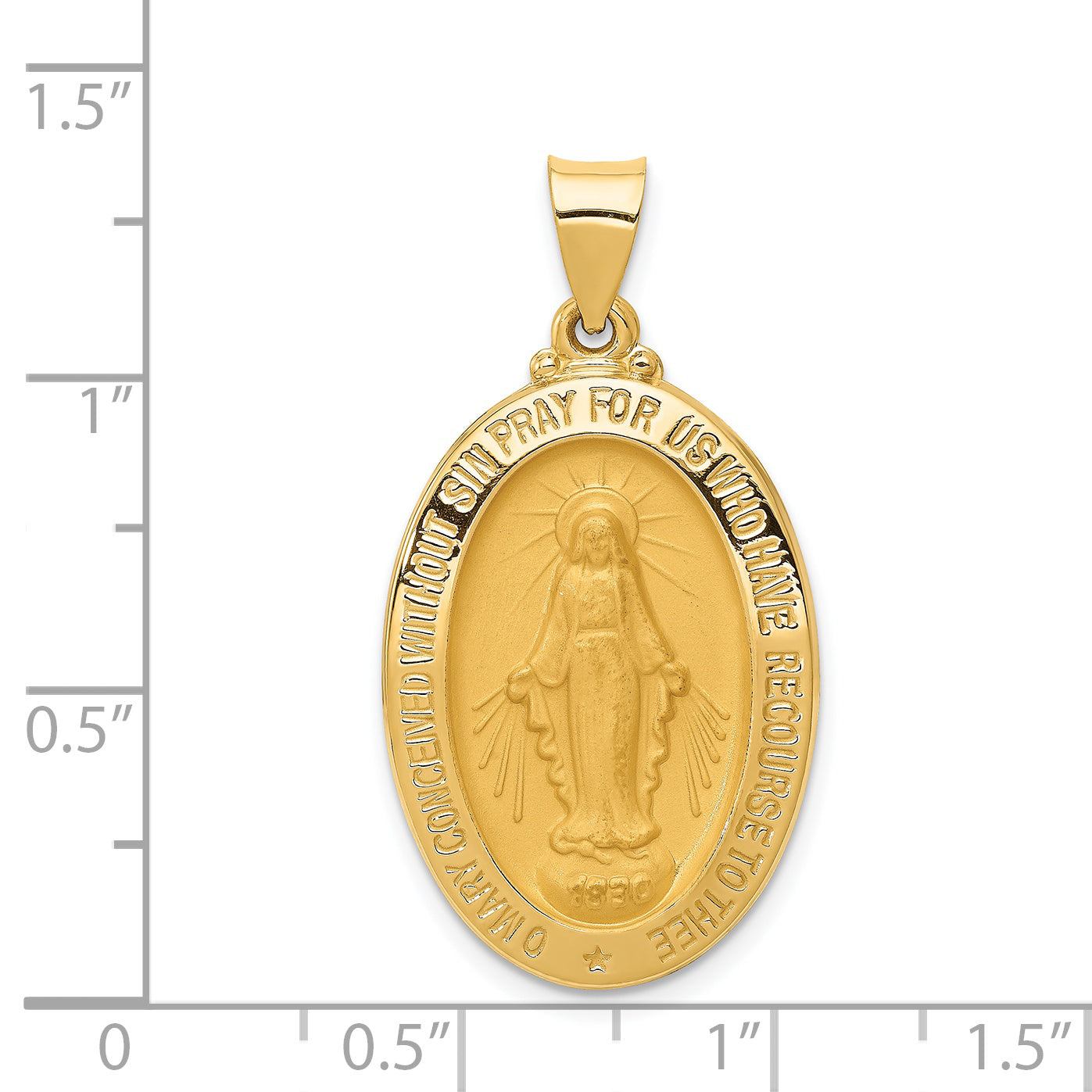 14K Polished and Satin Miraculous Medal Hollow Pendant