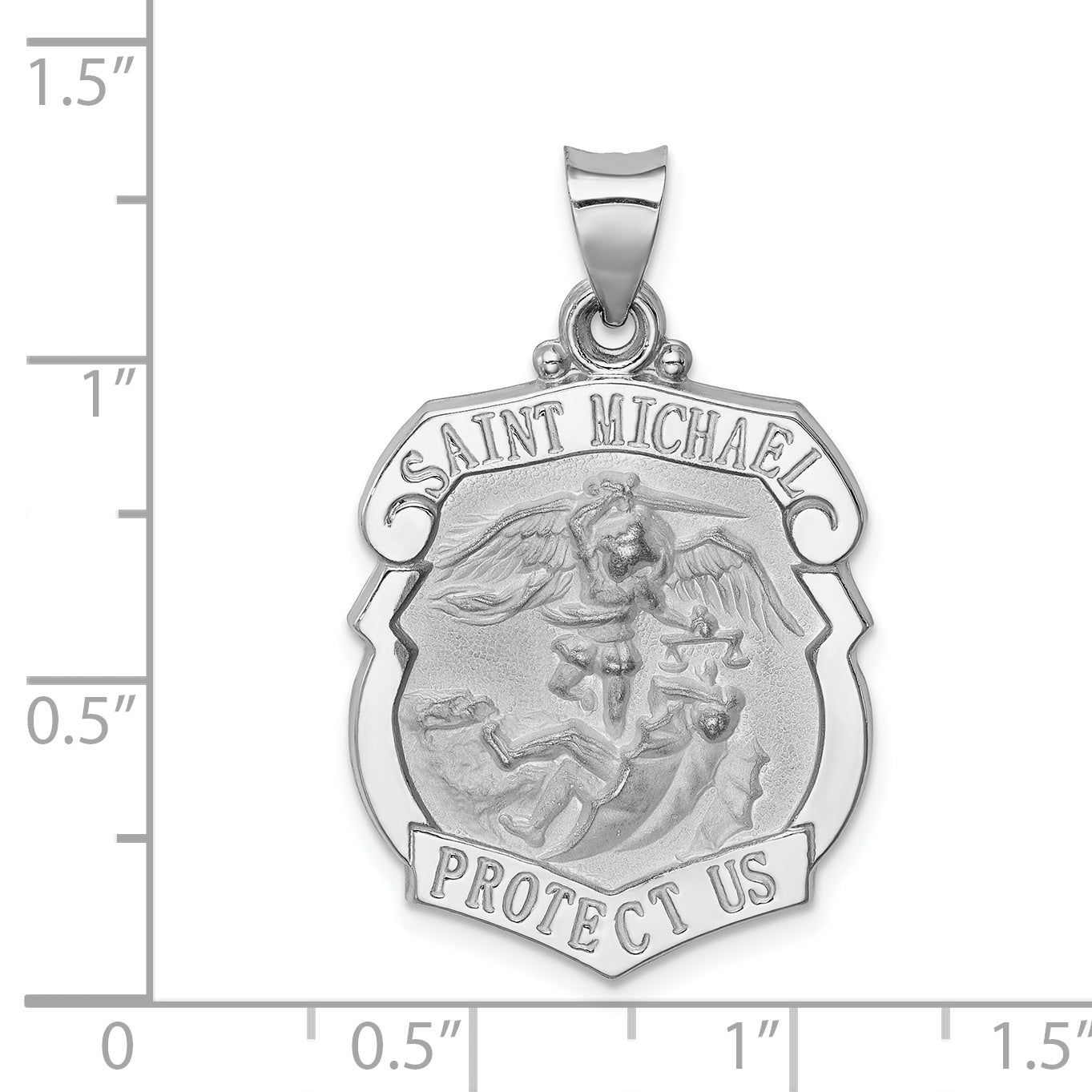 14K White Gold Polish/Satin St Michael Badge Medal Hollow Pendant