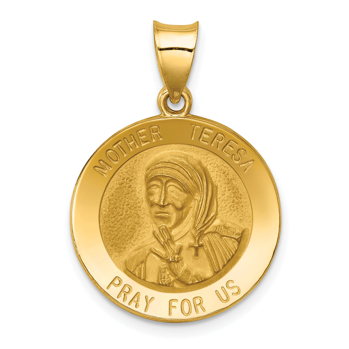 14k Polished and Satin Mother Teresa Medal Hollow Pendant