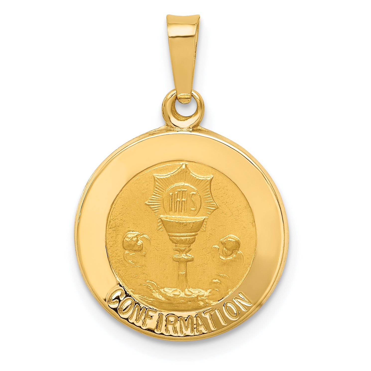 14k Polished and Satin Confirmation Medal Hollow Pendant