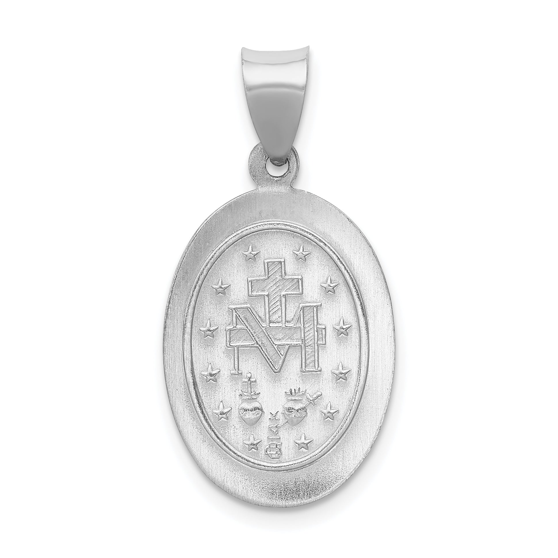 14K White Gold Polished / Satin Miraculous Medal Hollow Pendant