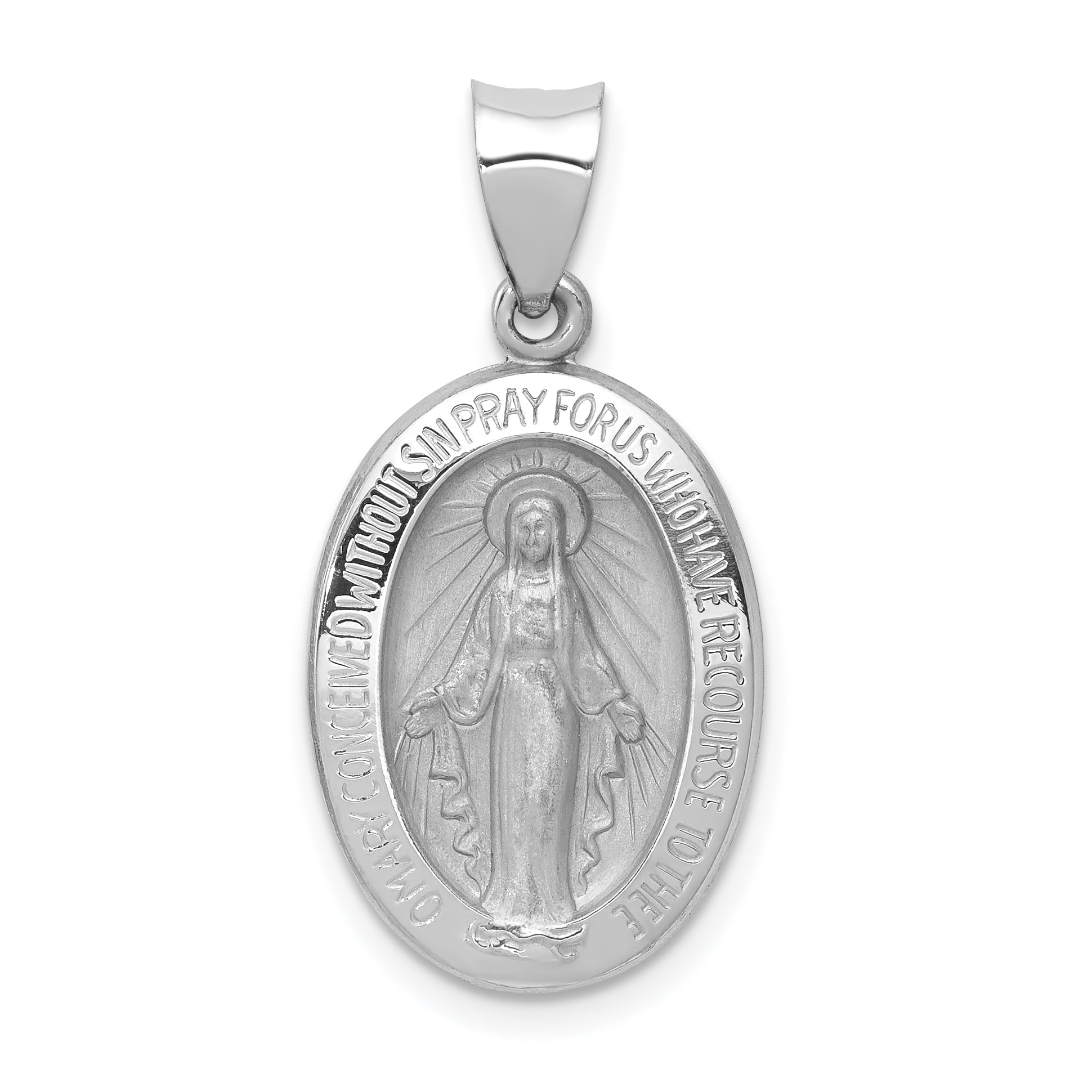 14k White Gold Polished / Satin Miraculous Medal Hollow Pendant