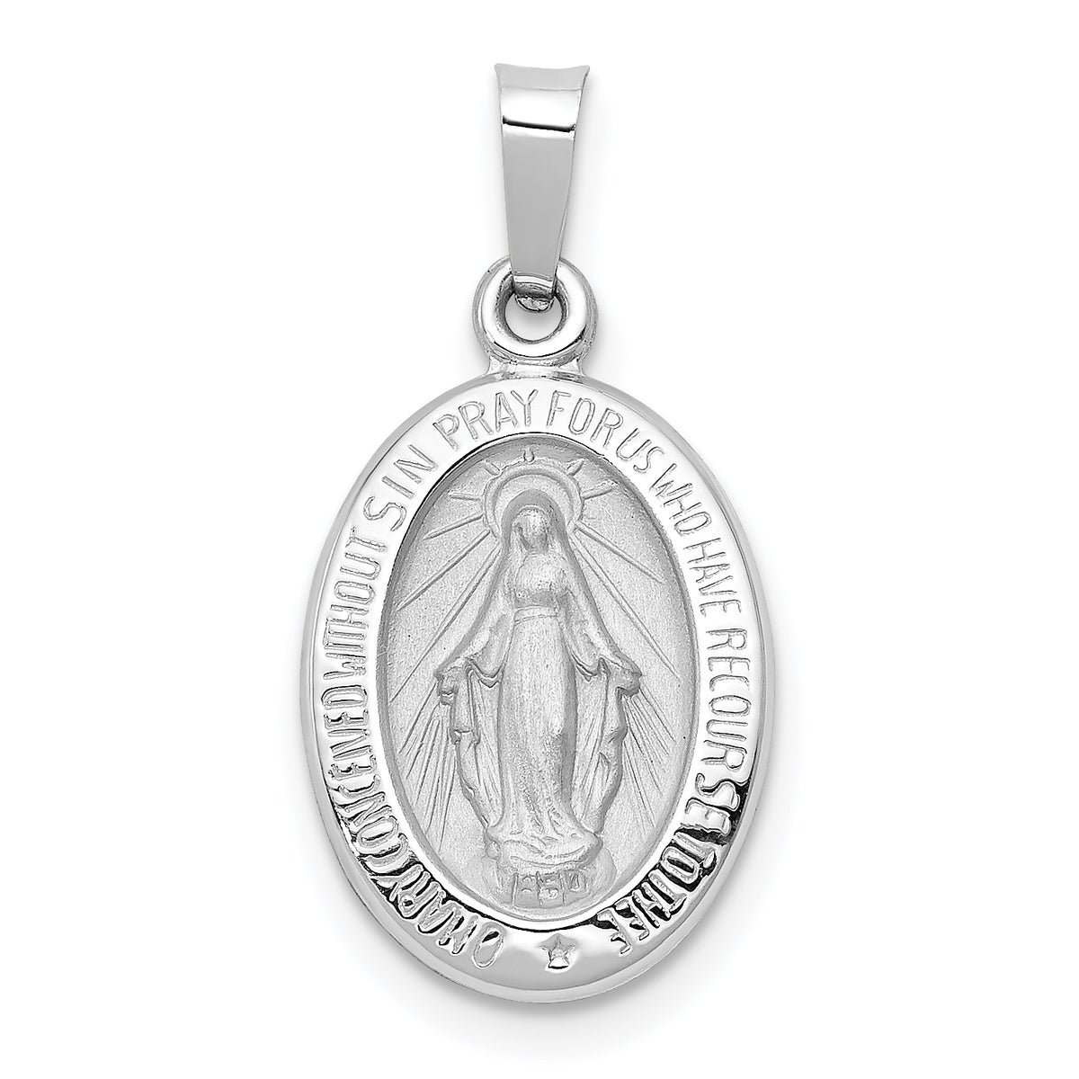 14k White Gold Polished/Satin Miraculous Medal Hollow Pendant