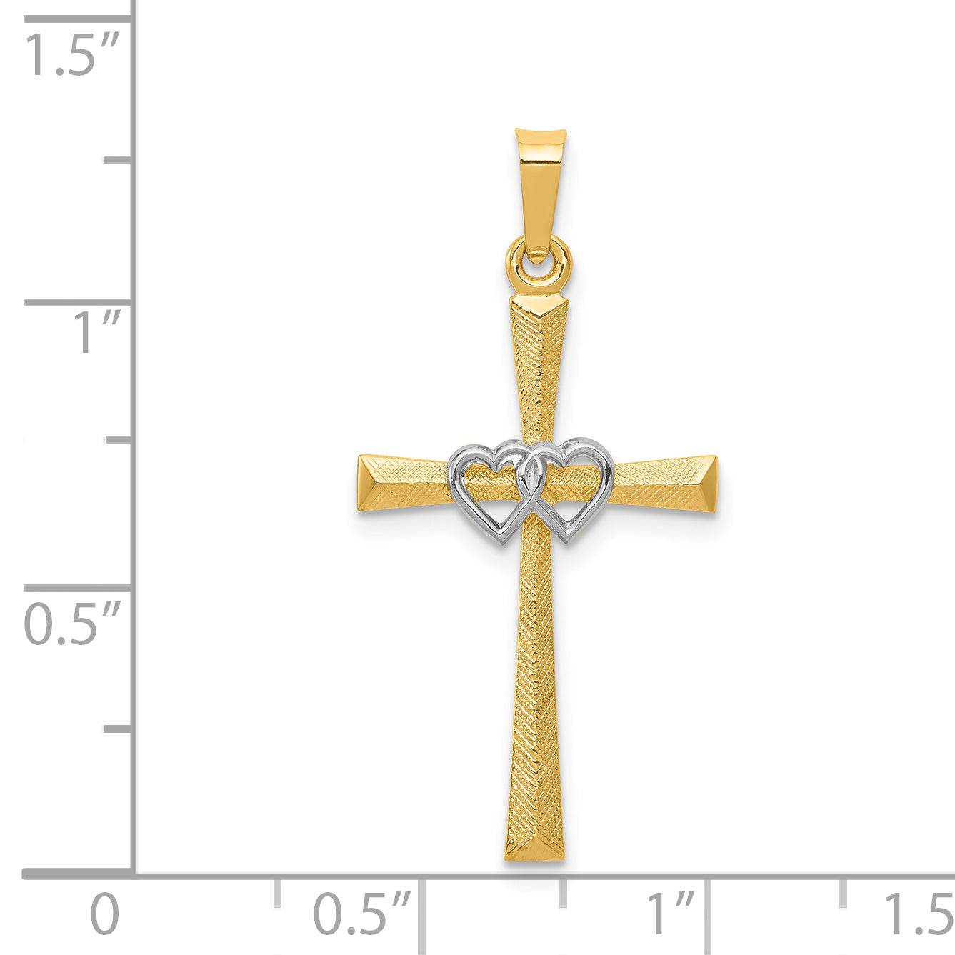 14K Two-tone Textured and Polished Latin Cross w/ Hearts Pendant