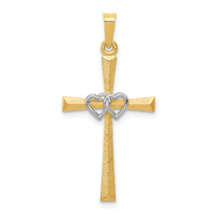 14K Two-tone Textured and Polished Latin Cross w/ Hearts Pendant