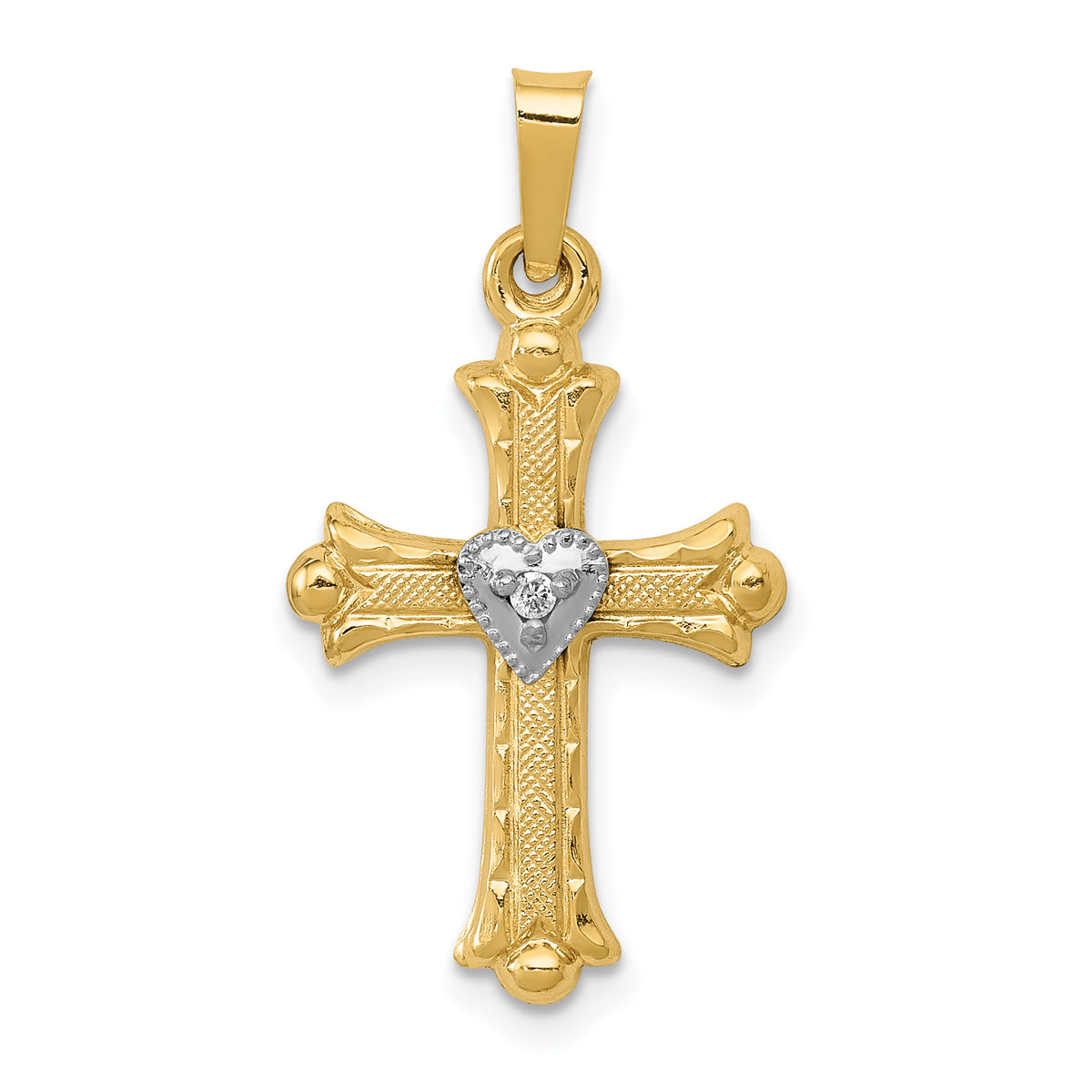 14K w/Rhodium Diamond Fleur De Lis Cross Pendant