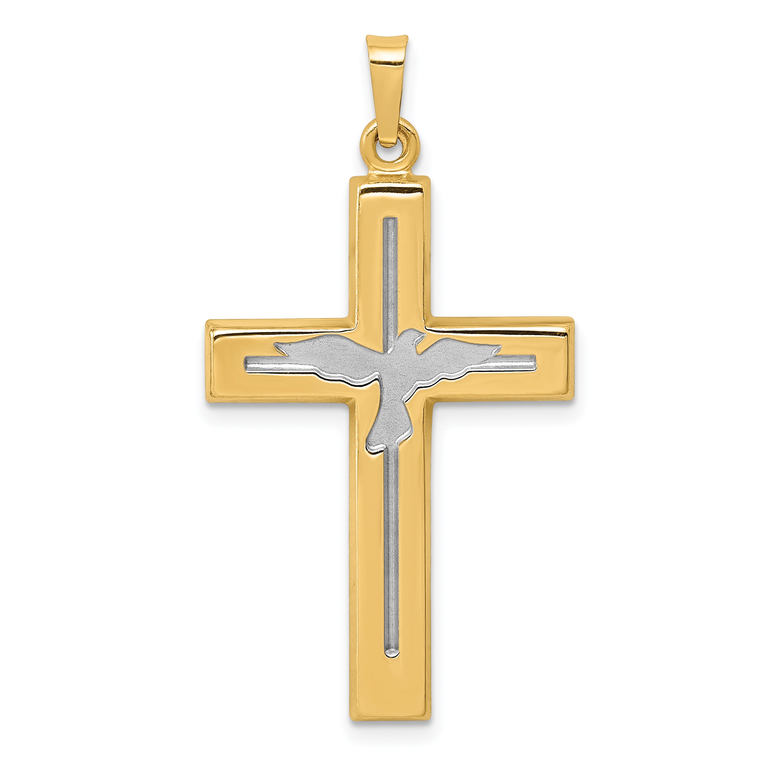 14K W/Rhodium Polished and Satin Cross W/Dove Pendant