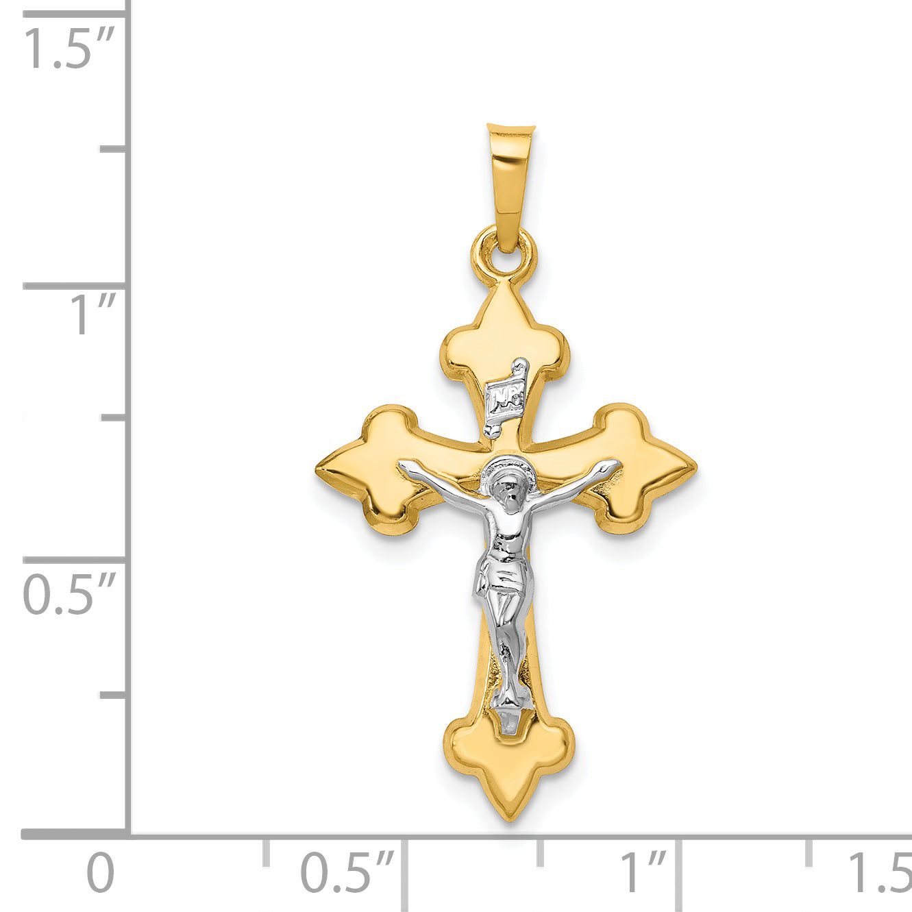 14K Two-tone Polished Fleur de Lis INRI Crucifix Pendant