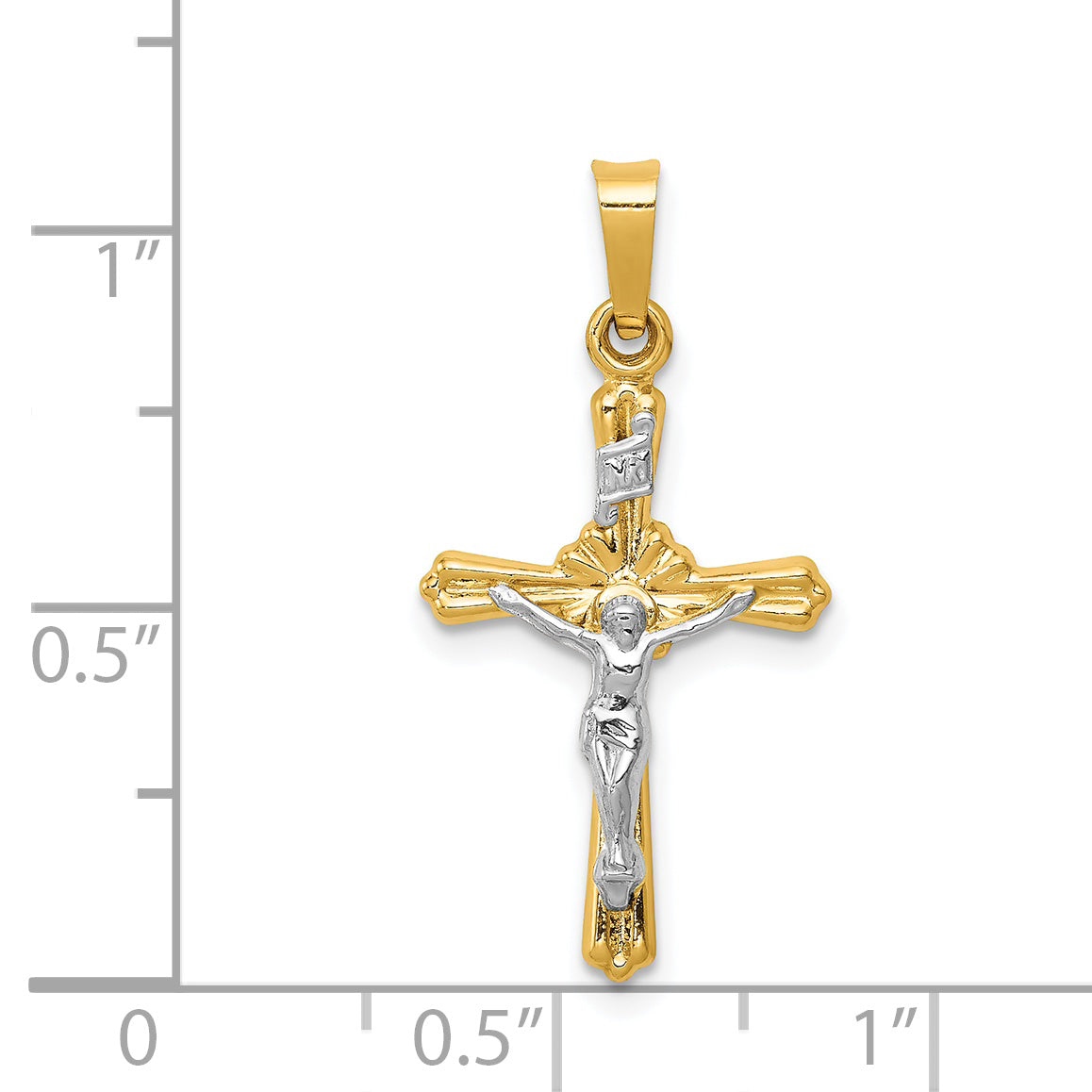 14K Two-tone Flower Center INRI Crucifix Pendant