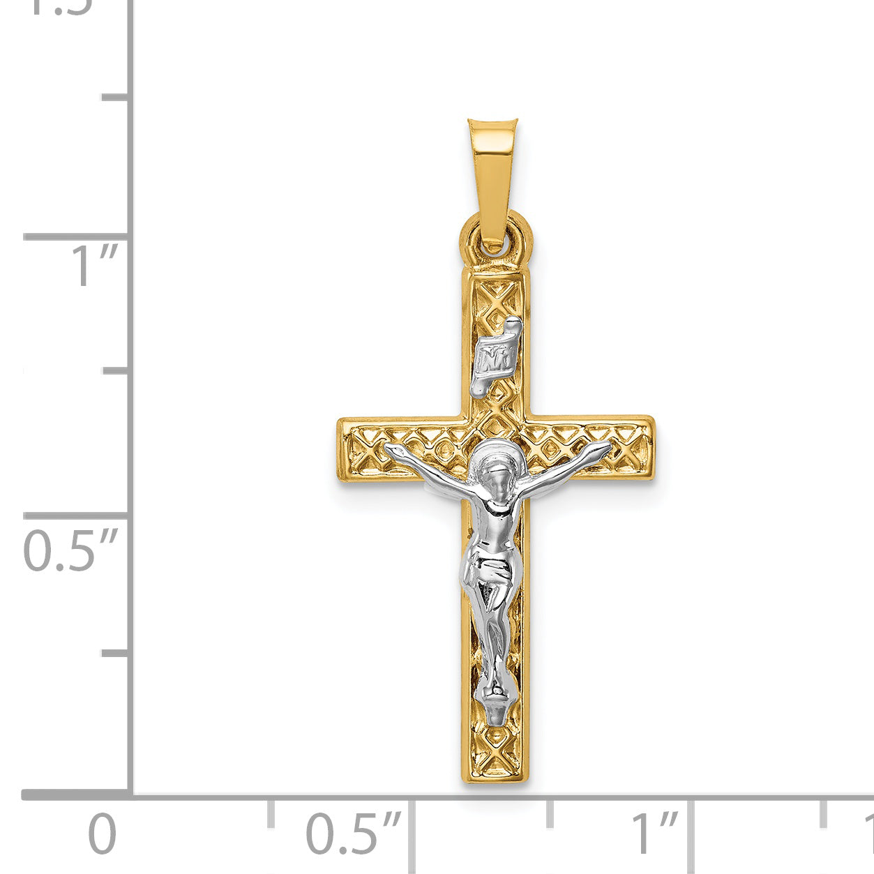 14K Two-tone Polished Lattice Textured INRI Crucifix Pendant