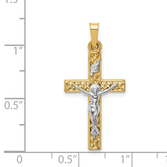 14K Two-tone Polished Lattice Textured INRI Crucifix Pendant