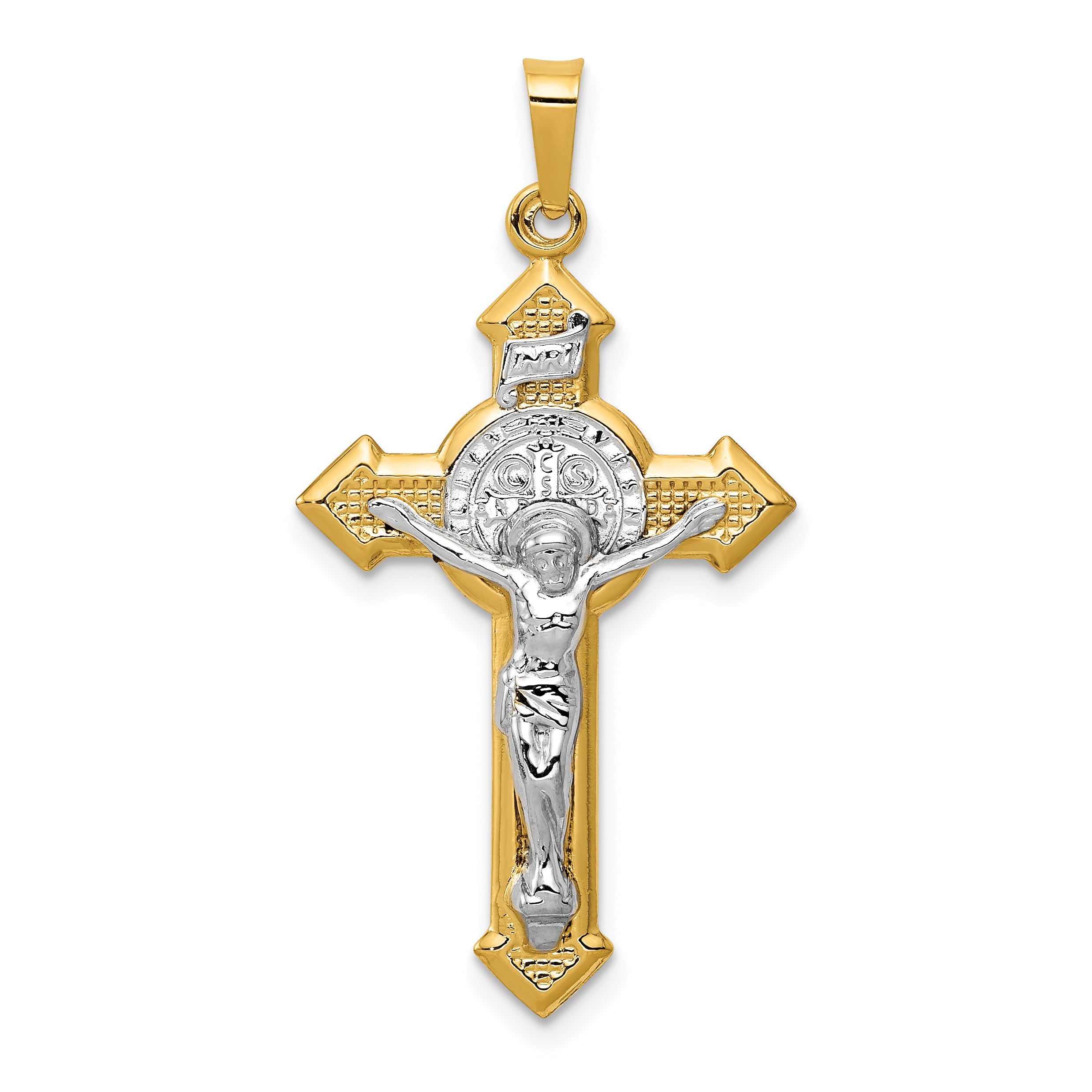 14k w/Rhodium St. Benedict Hollow Medal INRI Crucifix Pendant