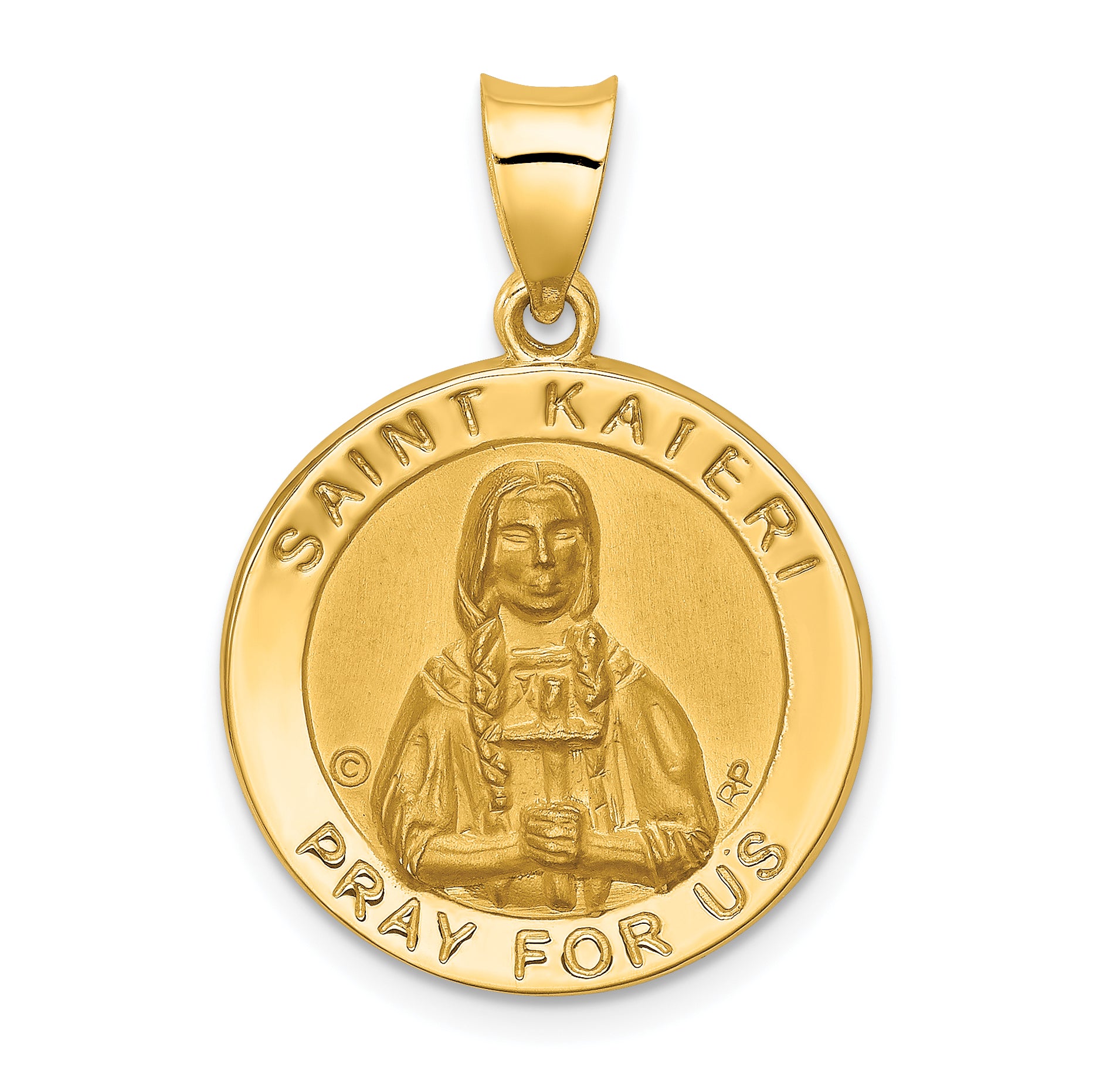 14K Polished / Satin St. Kateri Hollow Medal Pendant