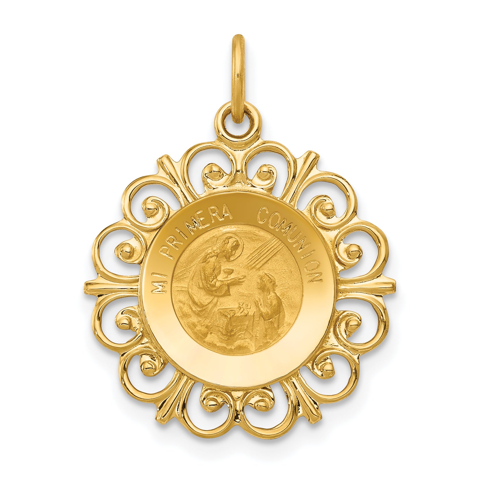 14k Polished/Satin Spanish 1st Communion Medal Hollow Pendant