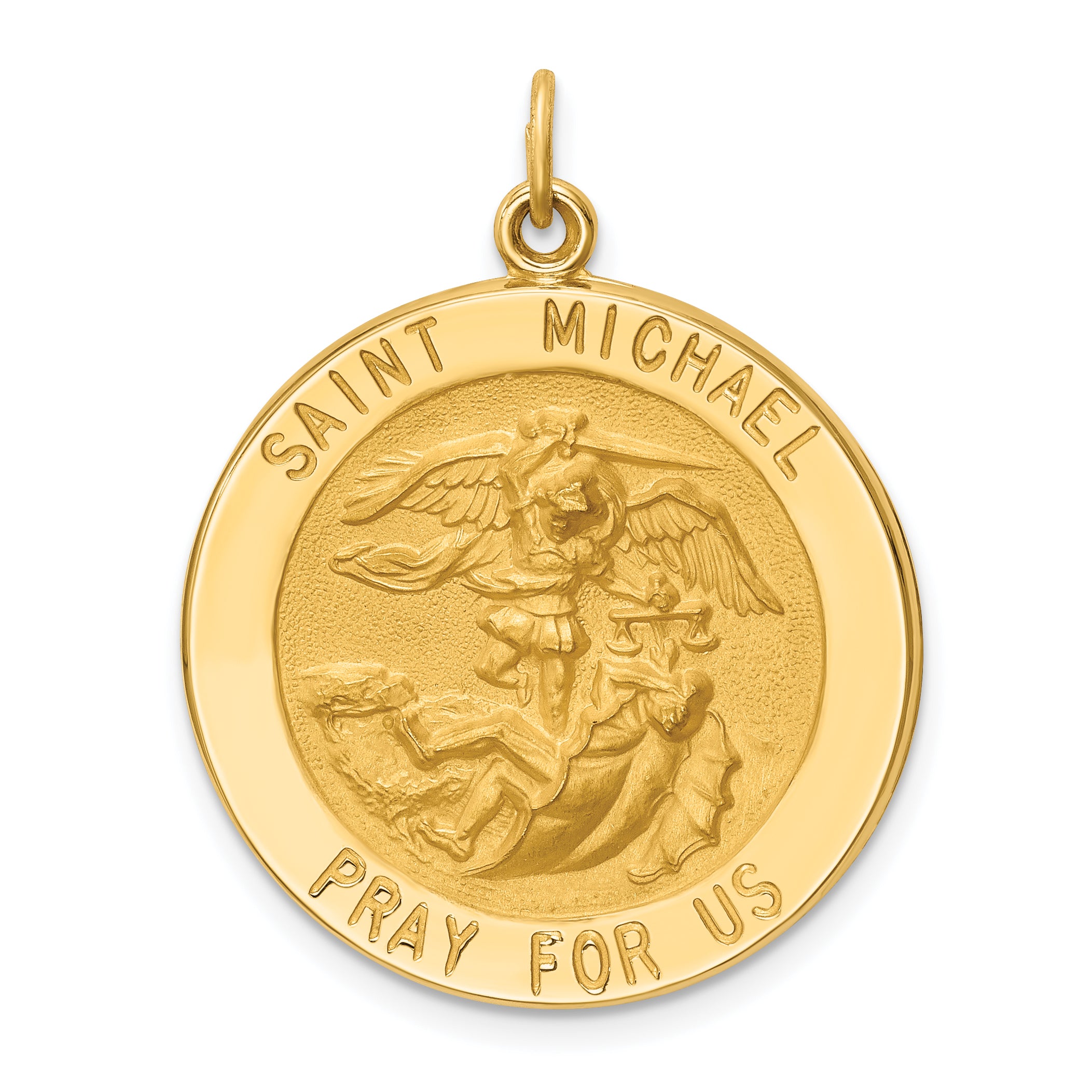 14k Solid Polished/Satin Large Round St. Michael Medal