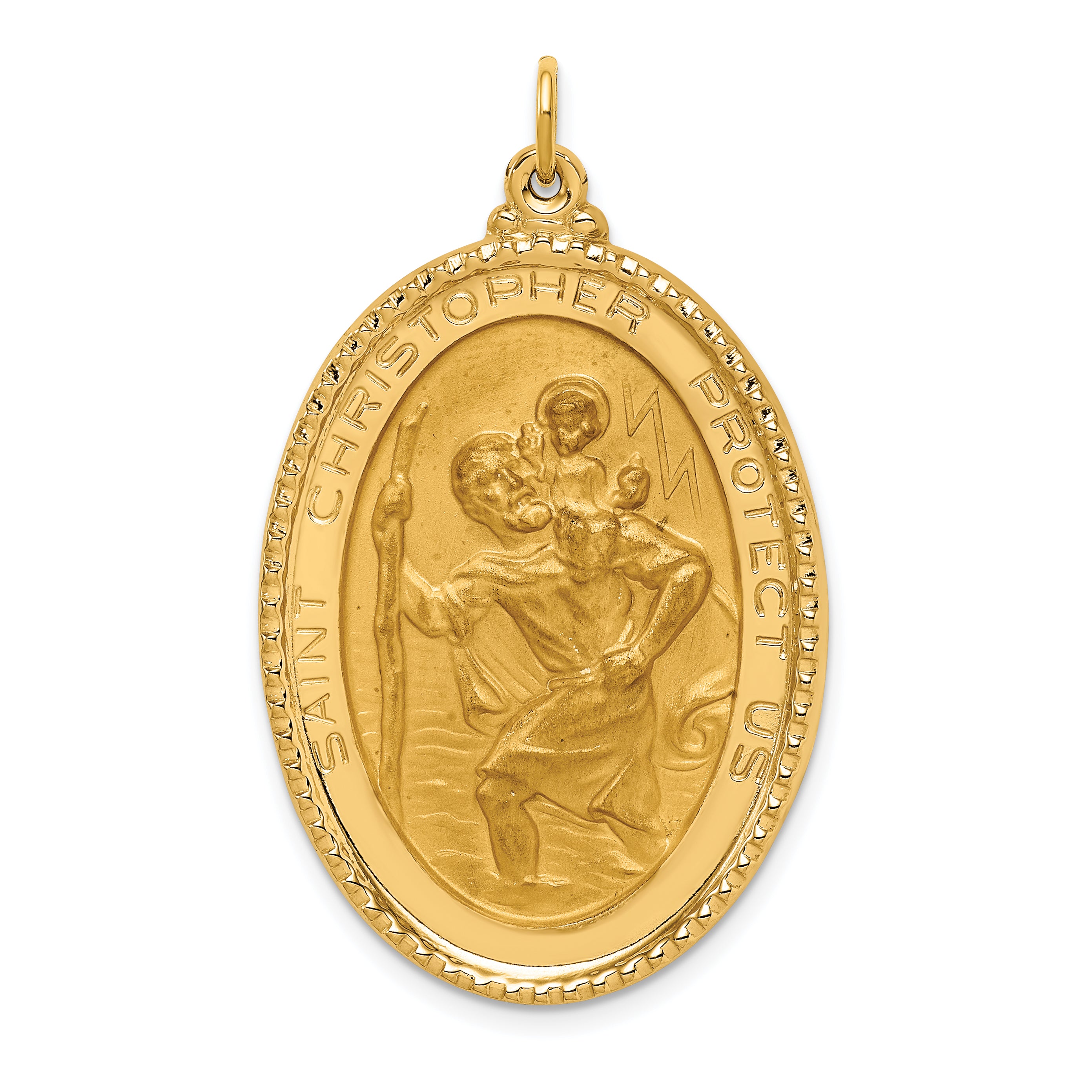 14K Solid Polished/Satin Beaded Edge St. Christopher Medal