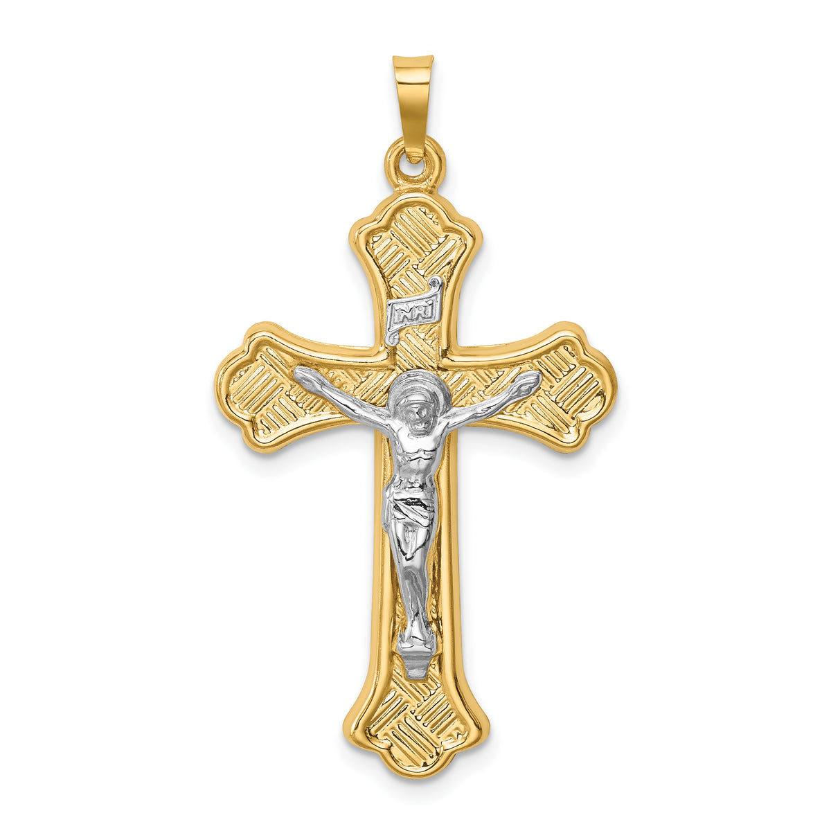 14k Two-tone Hollow Polished Woven Fleur de Lis Crucifix