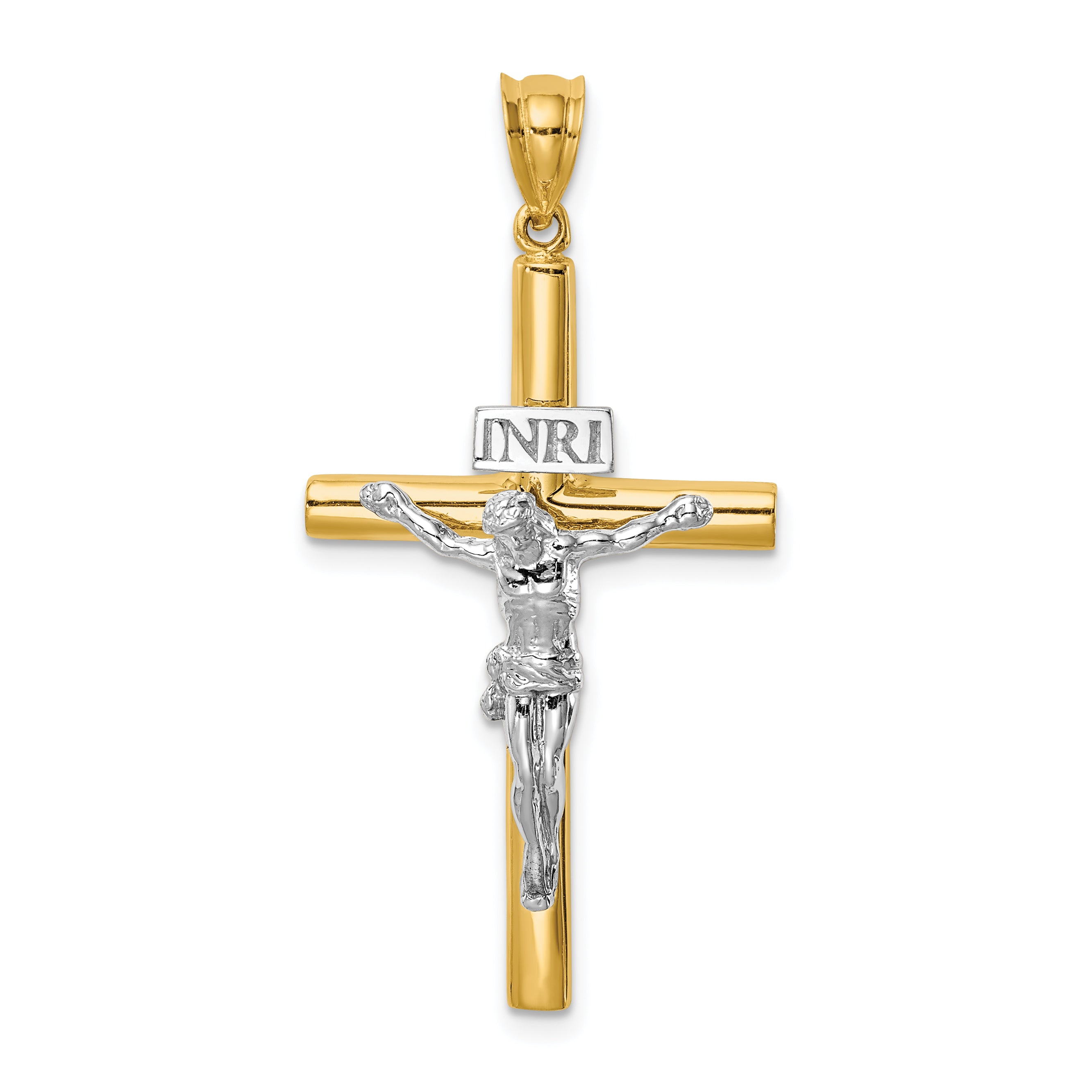 14K Two-tone Polished INRI Crucifix Cross Pendant