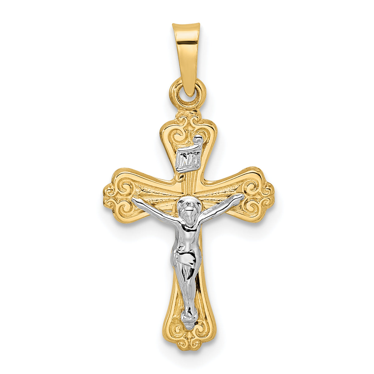 14k Two-tone Polished Solid INRI Crucifix Pendant